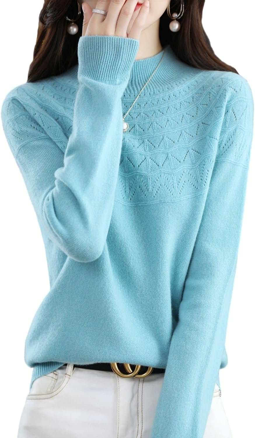 100% Merino Wool Sweaters Women's Fall Winter Warm Soft Knitted Loose Pullover Turtleneck Long Sleeves