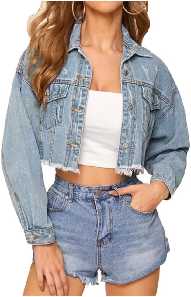 Women Cropped Ripped Distressed Denim Jean Jacket Coat Fringe with Frayed Hem