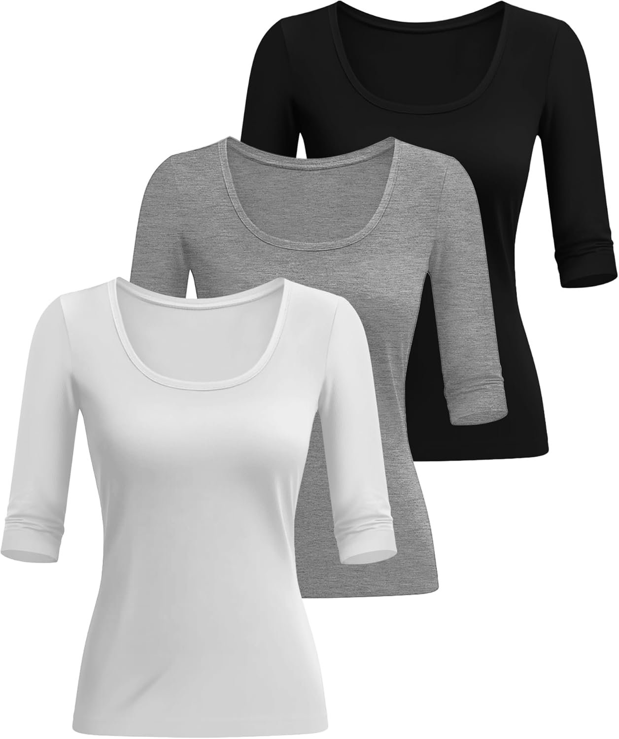 3 Pack Women's Scoop Neck Stretchy Tops Cotton Half Sleeve Slim Fitted T-Shirts Tight Casual Basic Summer Tees - Image 2