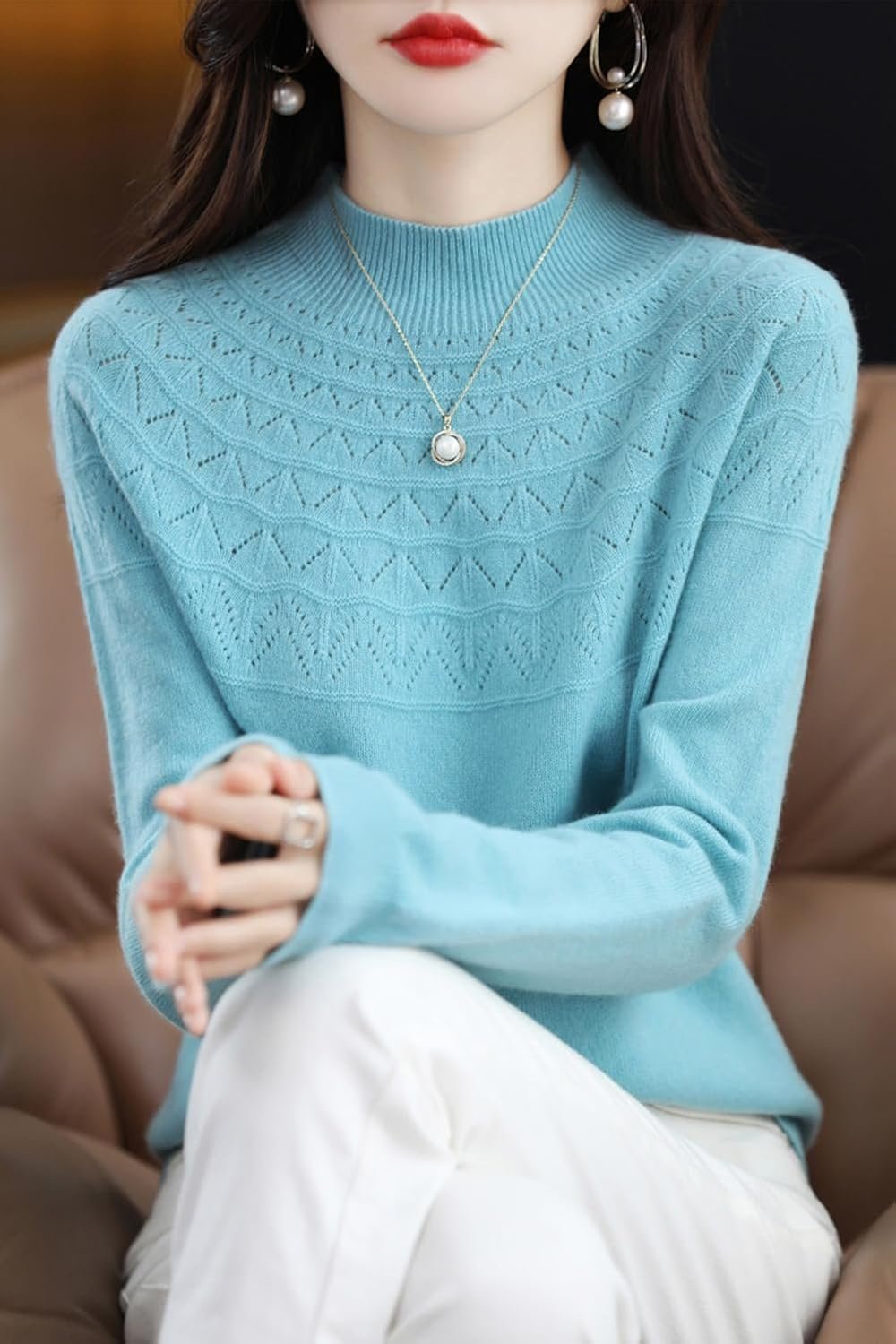 100% Merino Wool Sweaters Women's Fall Winter Warm Soft Knitted Loose Pullover Turtleneck Long Sleeves - Image 2