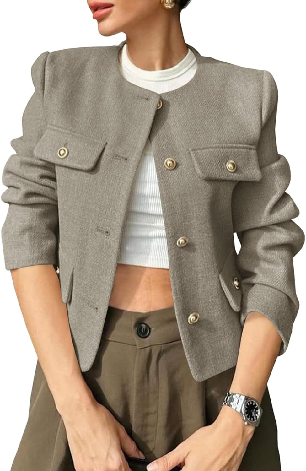 Womens Cropped Tweed Blazers Jacket Collarless Button Down Business Casual 2025 Fall Outfits Winter Coats