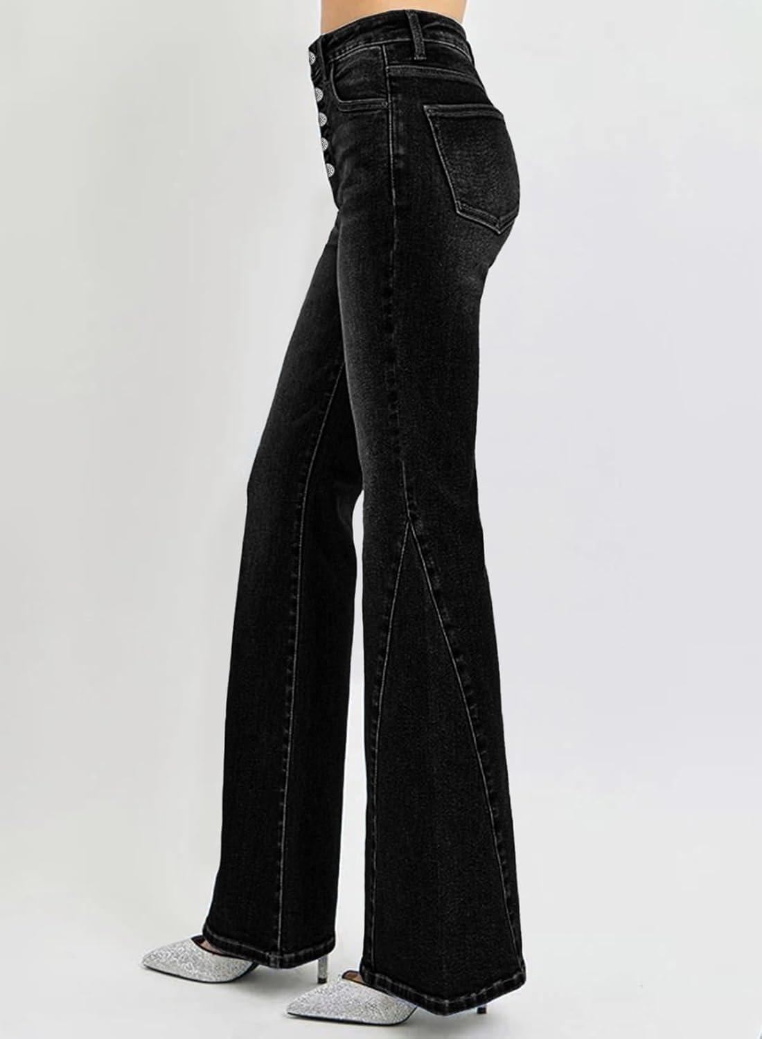 Flare Jeans for Women High Waisted Stretchy Bell Bottoms Wide Leg Side Seam Denim Pants - Image 2
