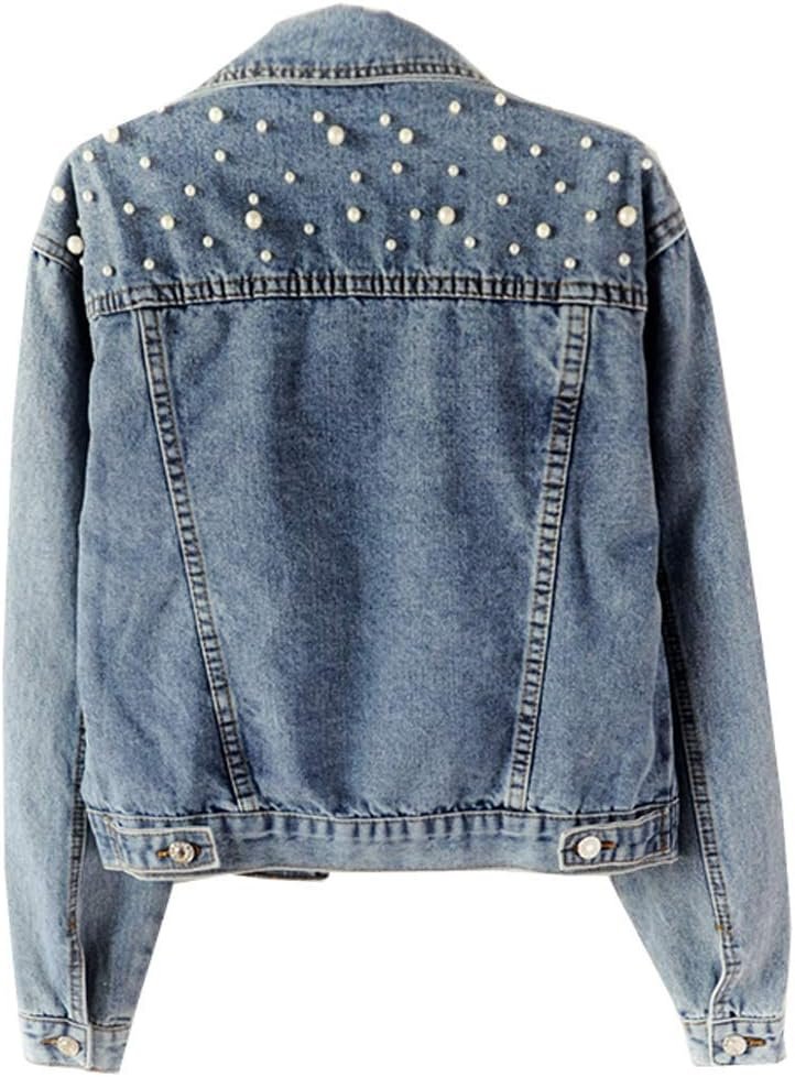 Women Oversized Denim Jacket Embroidered Pearls Beading Jeans Coat - Image 2