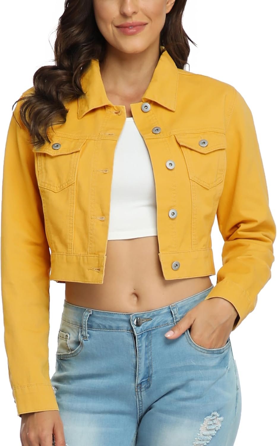 Women's Cropped Jean Jacket Long Sleeve Basic Button Down Casual Vintage Washed Short Denim Jacket with Pockets
