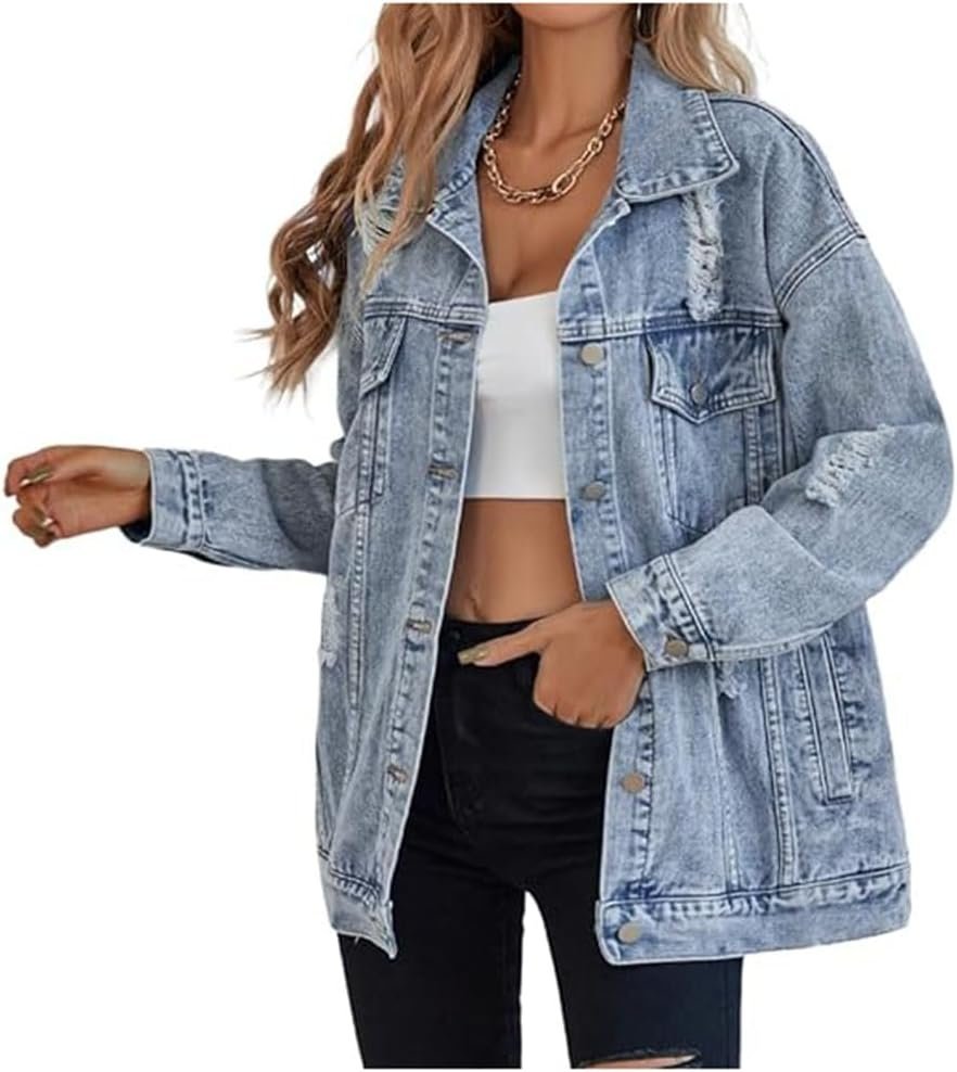 Women's long oversized denim jacket boyfriend ripped distressed jean jackets coat