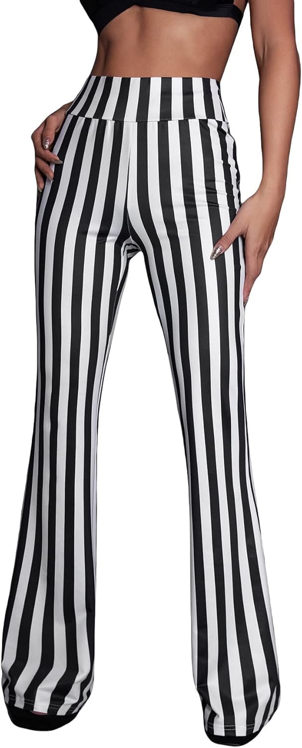 Women's Elastic High Waist Allover Print Floral Bell Bottom Flare Leg Long Pants