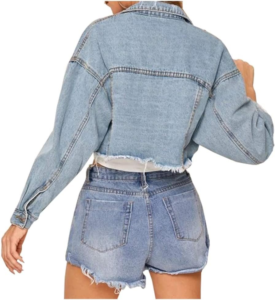 Women Cropped Ripped Distressed Denim Jean Jacket Coat Fringe with Frayed Hem - Image 2