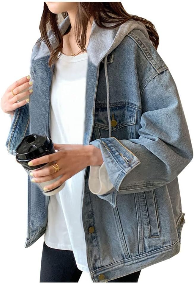 Women's denim jacket with hood oversized distressed jean jackets hoodie