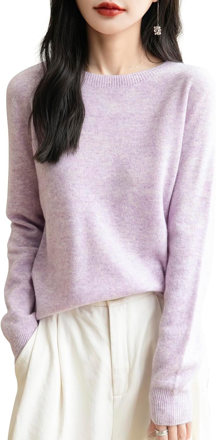 Women's 100% Merino Wool 2025 Fall Winter Ready to Wear Long Sleeve Seamless Knit Crewneck Sweater