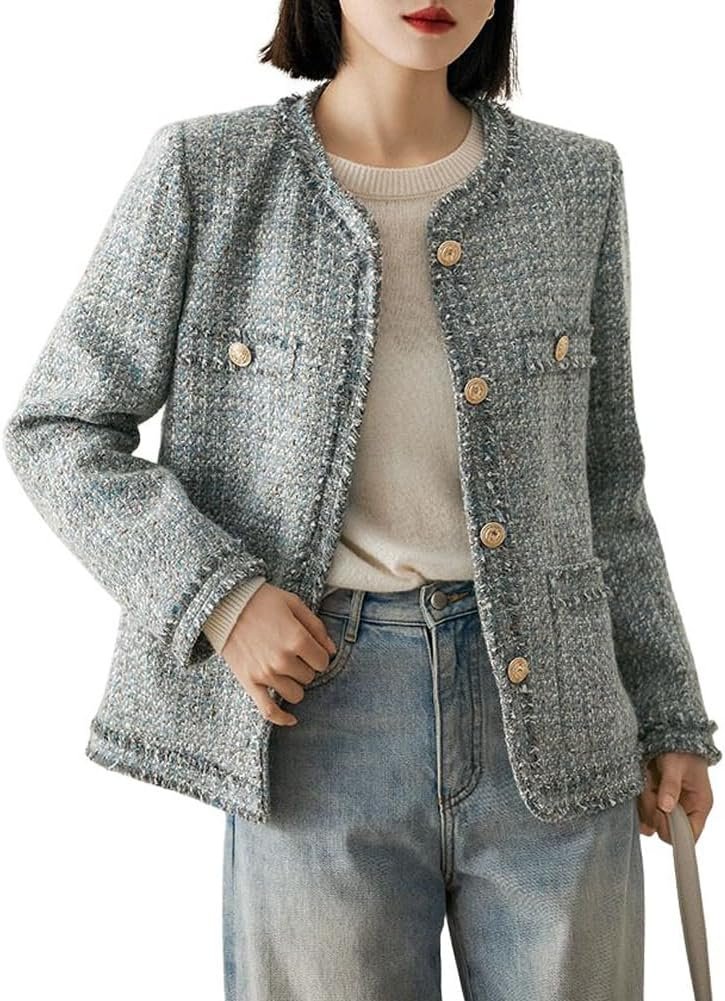 Women's Elegant Houndstooth Tweed Jacket Button Down Fringed Tassel Blazer Jacket Coat