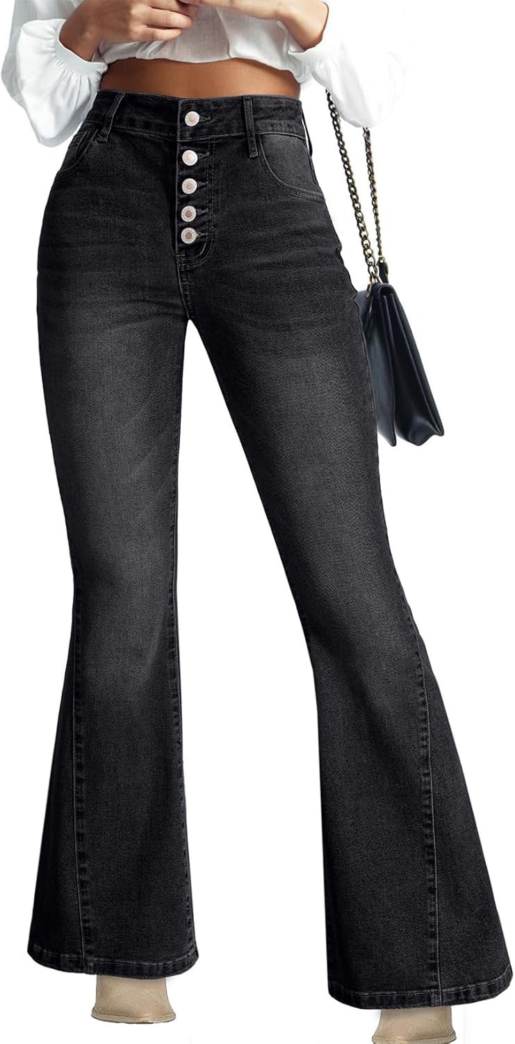 Flare Jeans for Women High Waisted Stretchy Bell Bottoms Wide Leg Side Seam Denim Pants