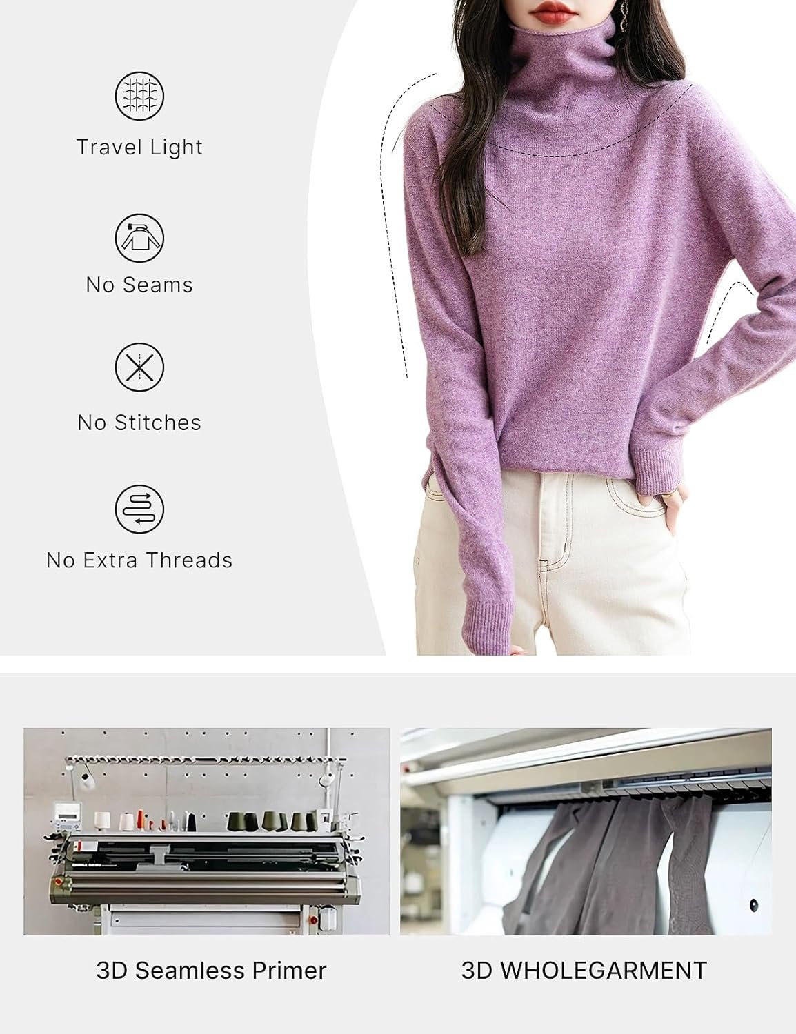 Women's 100% Merino Wool Seamless Sweater Turtleneck Ready to Wear Long Sleeve Knitted Pullover Tops - Image 2