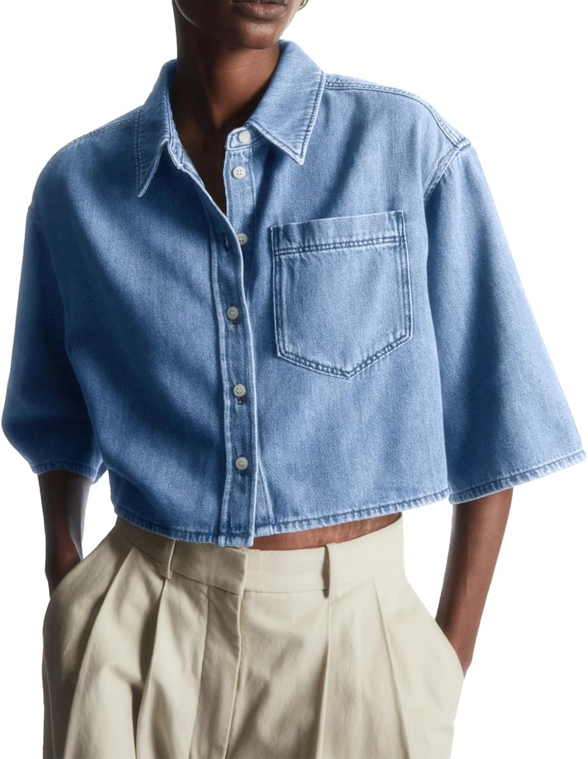 Womens Crop Denim Shirt Half Sleeve Button Down Short Jean Jacket with Pocket