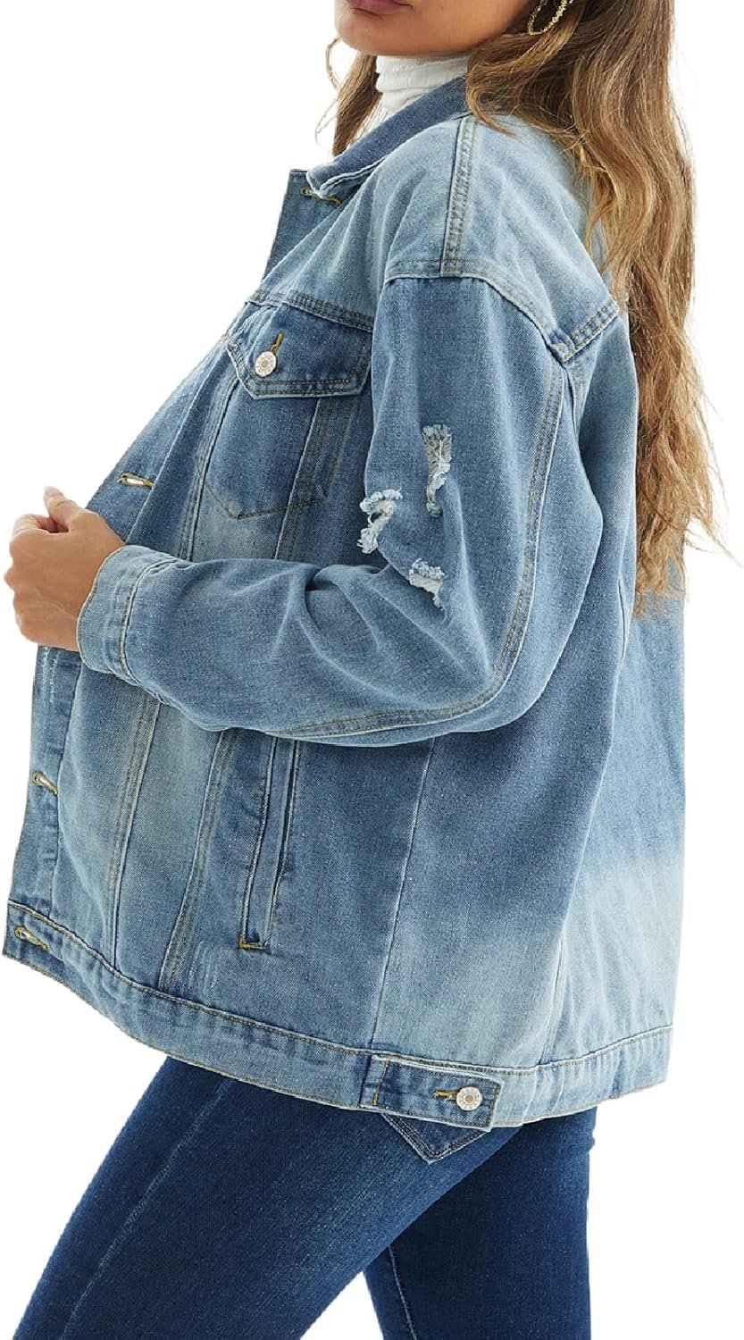 Jean Jacket for Women Distressed Long Sleeve Oversized Denim Trucker Jackets Coat - Image 2