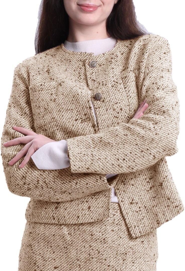 Women's Wool Cropped Tweed Jacket Blazer Button-up Slim Fit with Pockets