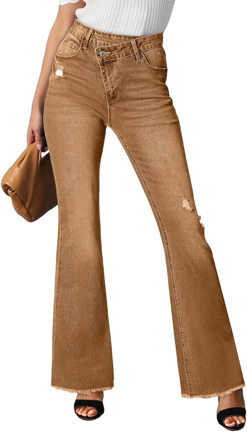 Women's Bell Bottom Flare Jeans High Waisted Stretchy Ripped Distressed Raw Hem Denim Pants with Pockets