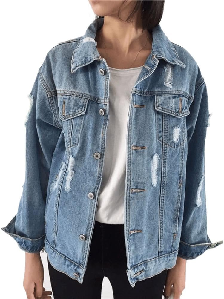 Oversized Denim Jacket for Women Destoryed Long Sleeve Boyfriend Jean Jacket Loose Coat