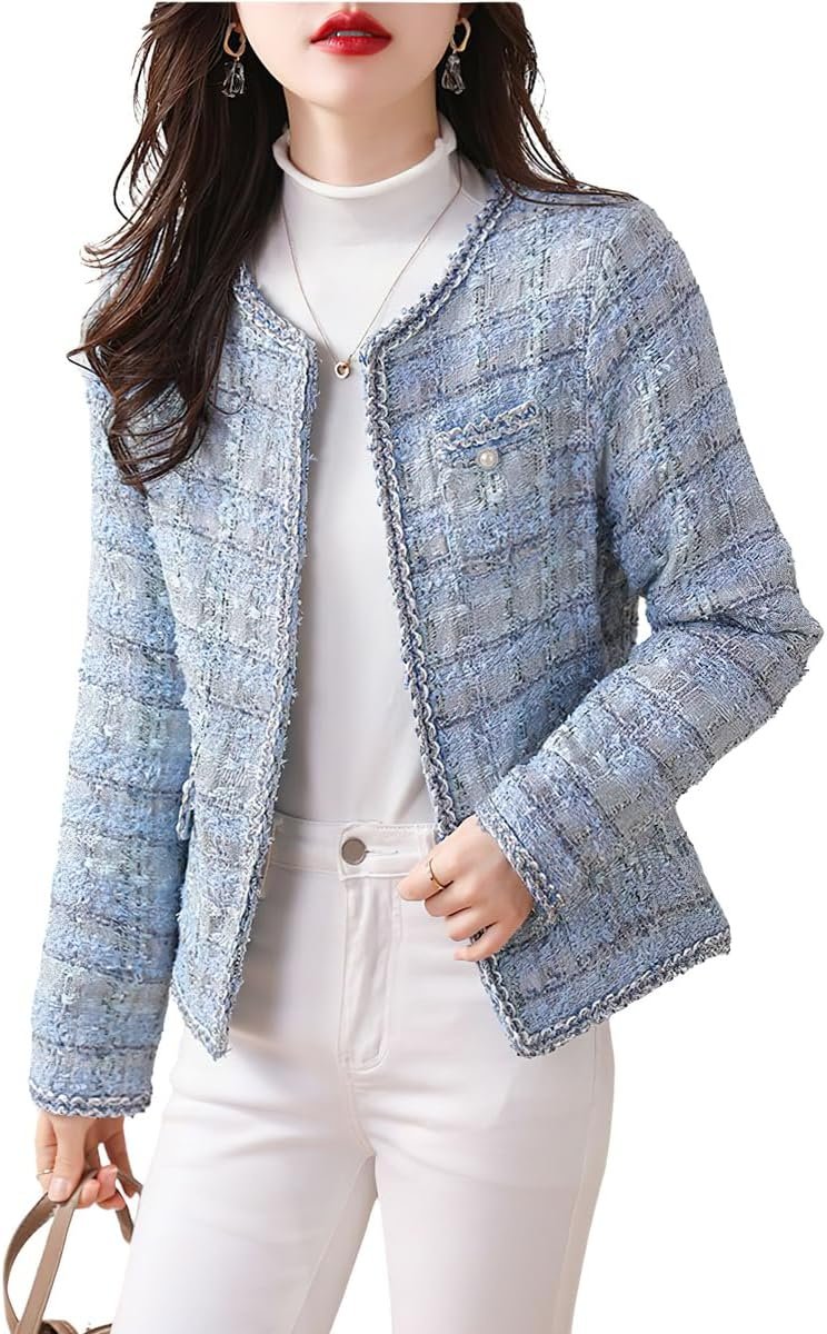 Women's Elegant Open Front Tweed Jacket Slim Collarless Bussiness Casual Blazer Jacket