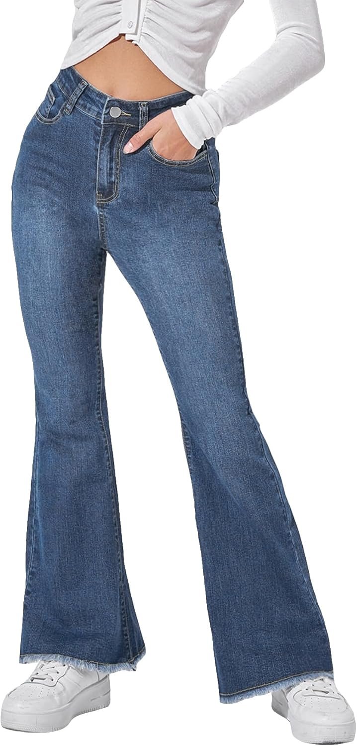 Women's Petite High Waisted Raw Hem Flared Jeans Stretchy Bell Bottom Denim Pants