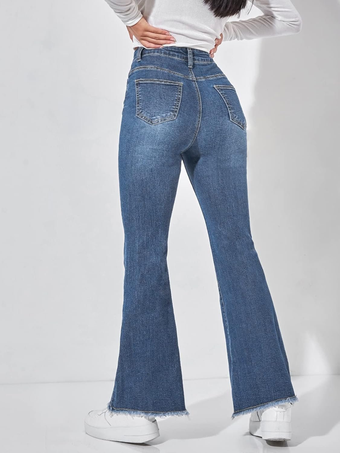 Women's Petite High Waisted Raw Hem Flared Jeans Stretchy Bell Bottom Denim Pants - Image 2
