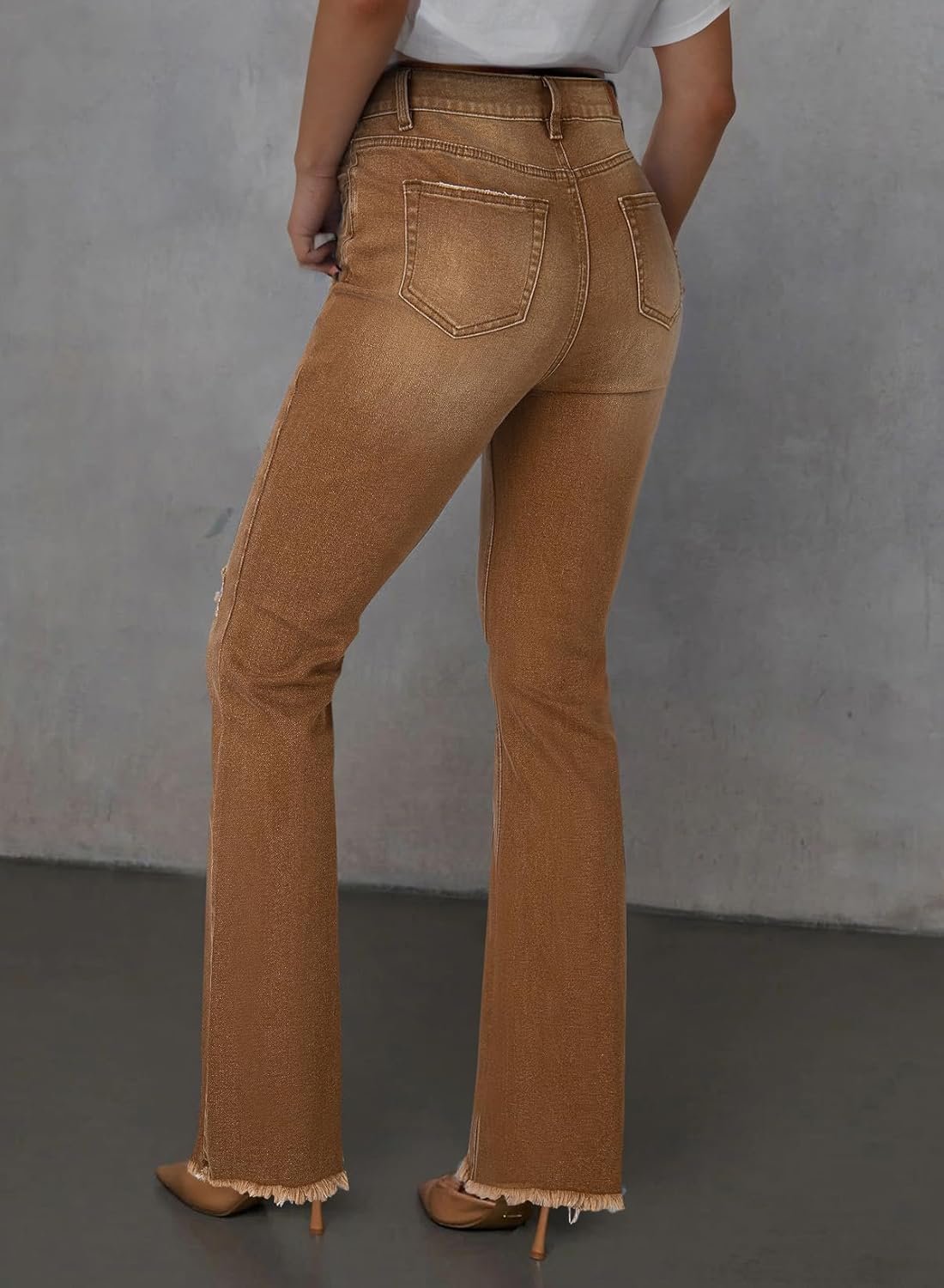 Women's Bell Bottom Flare Jeans High Waisted Stretchy Ripped Distressed Raw Hem Denim Pants with Pockets - Image 2