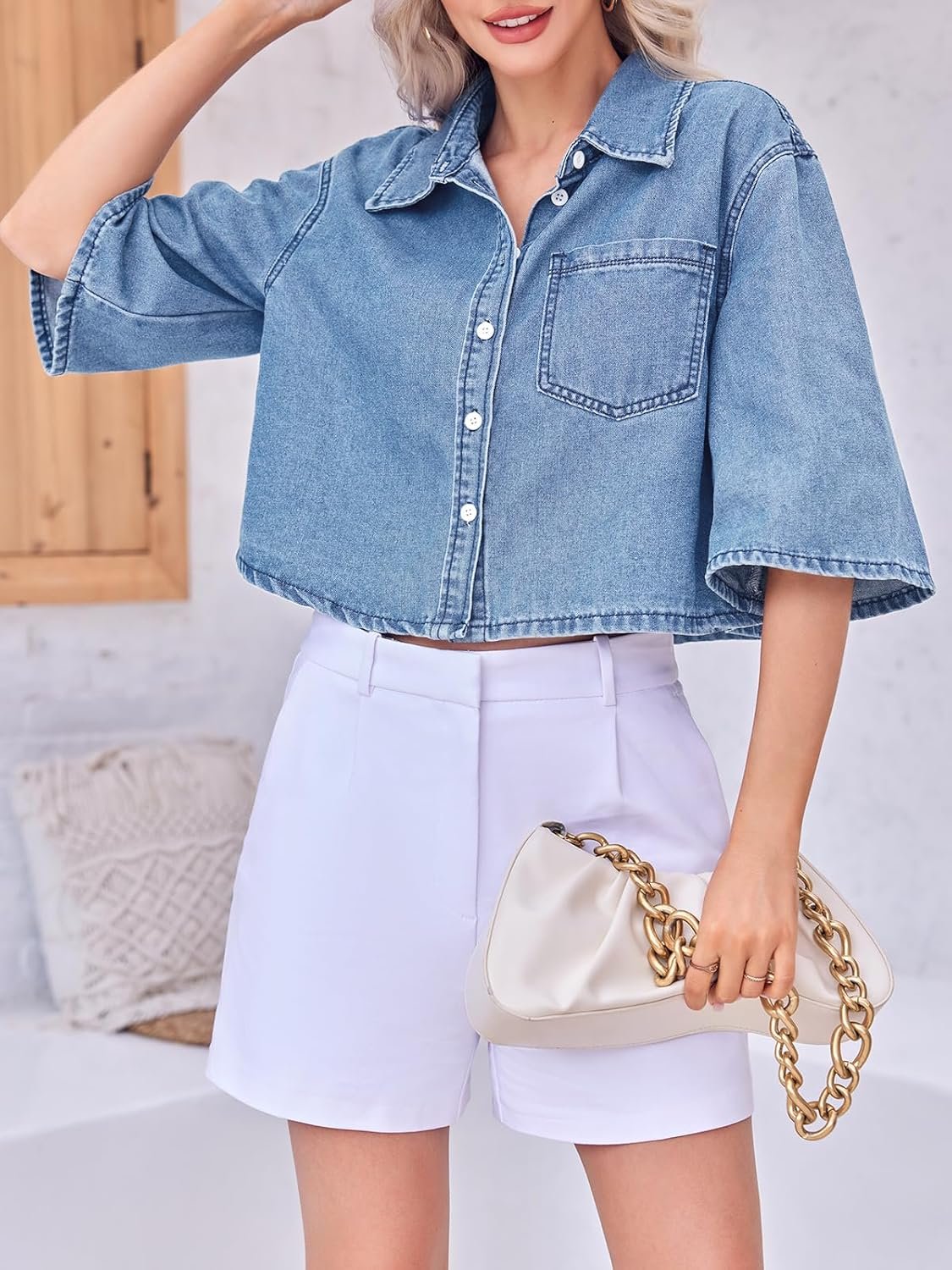 Womens Crop Denim Shirt Half Sleeve Button Down Short Jean Jacket with Pocket - Image 2