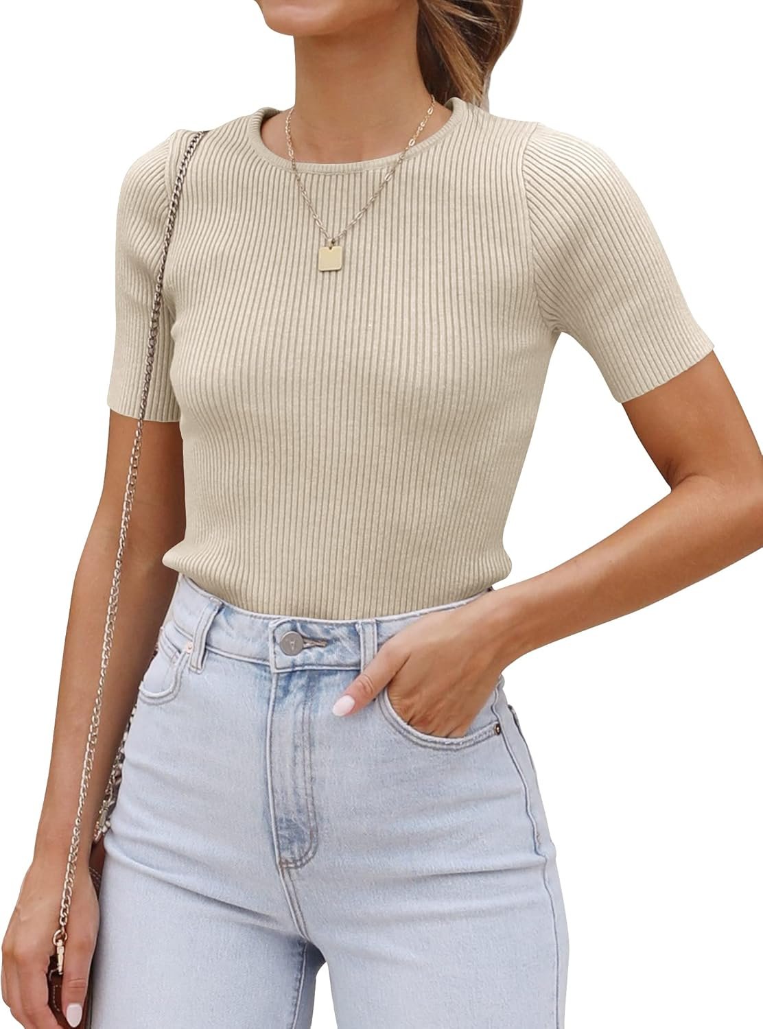 Women's Short Sleeve Sweater Tops 2025 Summer Crewneck T Shirt Ribbed Knit Slim Fit Basic Solid Color Tee