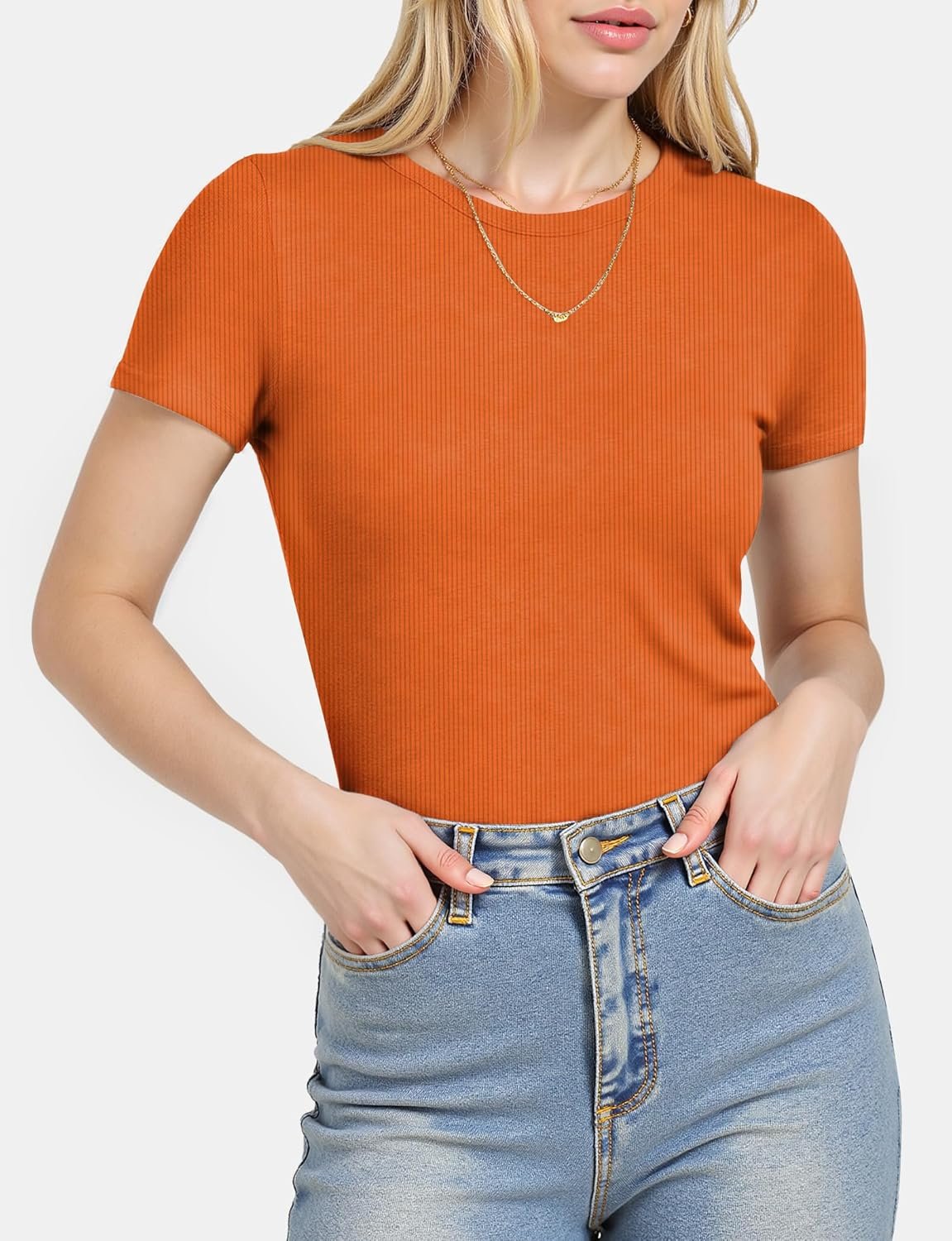 Women's Crew Neck Basic Short Sleeve T Shirt Ribbed Knit Slim Fitted Tees Casual 2025 Summer Going Out Top - Image 2