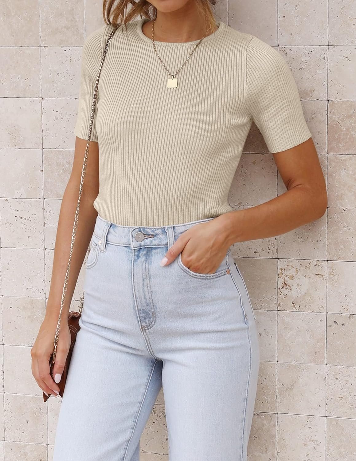 Women's Short Sleeve Sweater Tops 2025 Summer Crewneck T Shirt Ribbed Knit Slim Fit Basic Solid Color Tee - Image 2