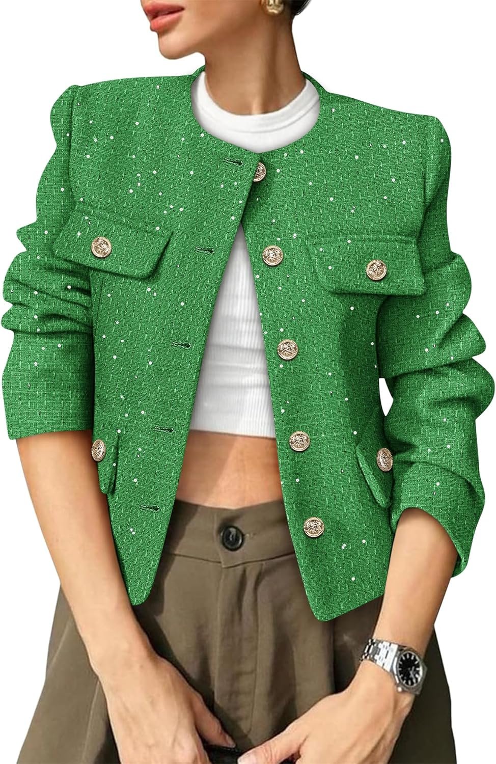 Women's Tweed Blazers Trendy Fall Casual Collarless Button Down Sequin Tops Cropped Jackets with Pockets